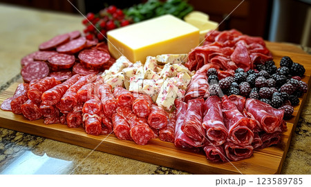 Charcuterie board with assorted meats, cheeses, and fruits is arranged on a wooden surface. Concept emphasizes gourmet food presentation. 123589785