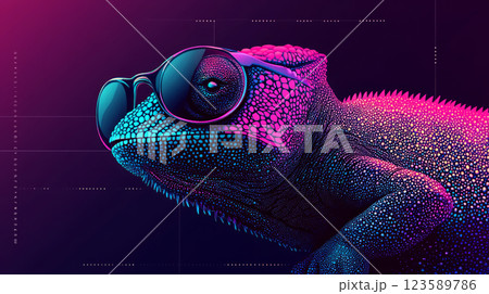 A colorful chameleon wearing reflective sunglasses is set against a dark background. Concept art, style, and creativity. 123589786