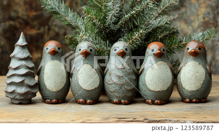 Five ceramic penguin figurines are aligned on a wooden surface beside a tree decoration with a pine branch backdrop. Concept: festive decoration arrangement. 123589787