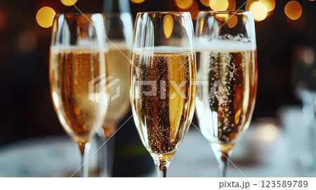Glasses of sparkling wine are arranged on a table with blurred lights in the background. Concept of celebration and elegance. 123589789