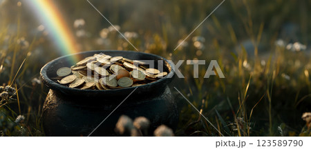 A pot overflows with gold coins in a grassy meadow under a rainbow. Concept: wealth, magic, and legend. 123589790