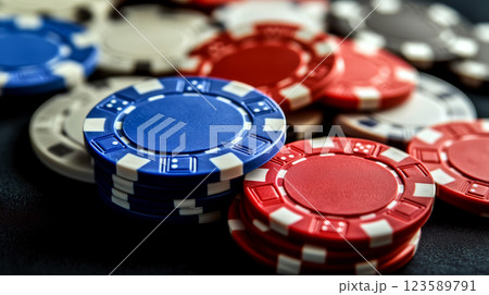 Poker chips in blue, red, and white are stacked together on a dark surface. Concept of gambling, casino, and betting. 123589791