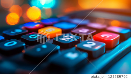 Calculator keys are in focus with colorful bokeh lights in the background. Concept of technology and calculation. 123589792