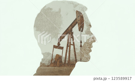 A man's profile is blended with an oil pumpjack in a field. Concept blends humanity with industry. 123589917