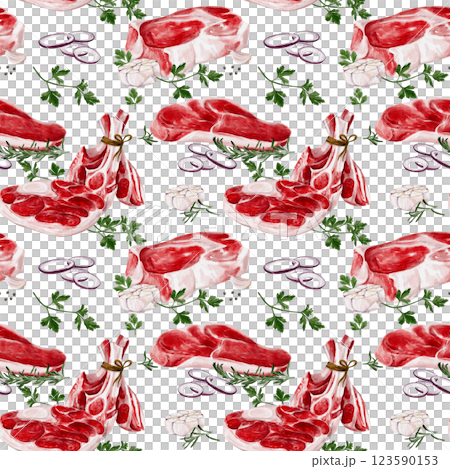Seamless pattern with meat and spices. Beef and lamb with steaks and ribs. spices and onions with herbs. Pattern for kitchen and grocery store. Butcher shop and decor. Raw fresh meat. Seamless pattern with meat and spices. Beef and lamb with steaks and ribs. spices and onions with herbs. Pattern for kitchen and grocery store. Butcher shop and decor. Raw fresh meat. 123590153