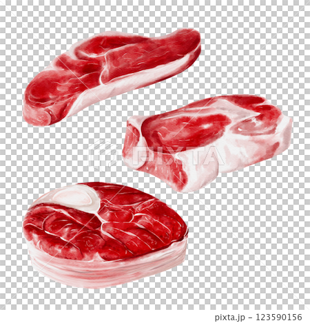 Meat steaks from beef, pork and lamb. Raw red meat. Watercolor illustration isolated from the background. Set with raw meat for barbecue. Menu, assortment, advertising, meat department in the store. Meat steaks from beef, pork and lamb. Raw red meat. Watercolor illustration isolated from the background. Set with raw meat for barbecue. Menu, assortment, advertising, meat department in the store. 123590156