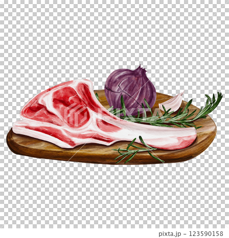 A piece of meat on the bone with spices and onions and garlic lies on a board. for cooking. Menu and recipe. Postcard for a cook. Watercolor illustration isolated from the background. lamb meat. A piece of meat on the bone with spices and onions and garlic lies on a board. for cooking. Menu and recipe. Postcard for a cook. Watercolor illustration isolated from the background. lamb meat. 123590158