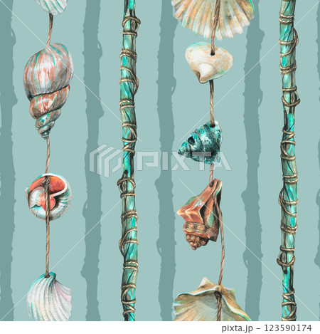 Seashells are hung on turquoise wooden sticks. Hand drawn watercolor illustration. Seamless sea, beach, summer seamless pattern for decoration and design. 123590174