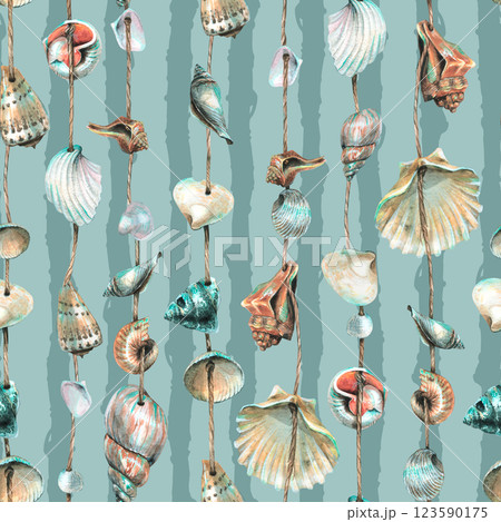 Various seashells are round, spiral, suspended on ropes. Marine garlands for decoration. Hand drawn watercolor illustration. Seamless pattern on a blue background Various seashells are round, spiral, suspended on ropes. Marine garlands for decoration. Hand drawn watercolor illustration. Seamless pattern on a blue background 123590175