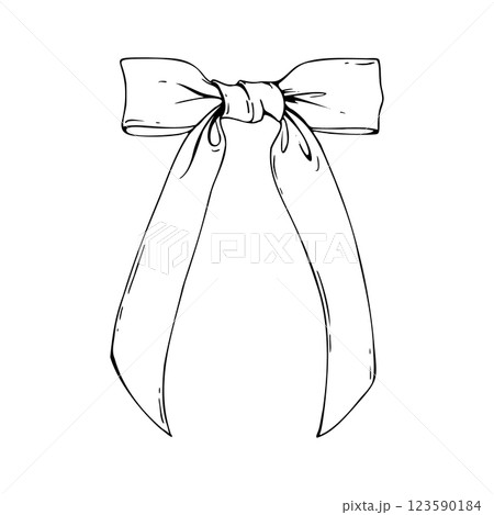 Satin fabric bow, narrow with long twisted ribbons. Graphic sketch illustration hand drawn line art, outline in black ink. Single isolated element vector EPS, for decoration 123590184