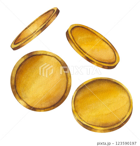 Gold coins set, rotating money. Saint Patricks Day theme. Hand drawn watercolor illustration isolated background. Lucky item, fortune symbol. Perfect for postcard, tags, invitation, printing, wrapping Gold coins set, rotating money. Saint Patricks Day theme. Hand drawn watercolor illustration isolated background. Lucky item, fortune symbol. Perfect for postcard, tags, invitation, printing, wrapping 123590197