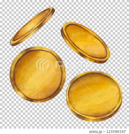 Gold coins set, rotating money. Saint Patricks Day theme. Hand drawn watercolor illustration isolated background. Lucky item, fortune symbol. Perfect for postcard, tags, invitation, printing, wrapping Gold coins set, rotating money. Saint Patricks Day theme. Hand drawn watercolor illustration isolated background. Lucky item, fortune symbol. Perfect for postcard, tags, invitation, printing, wrapping 123590197