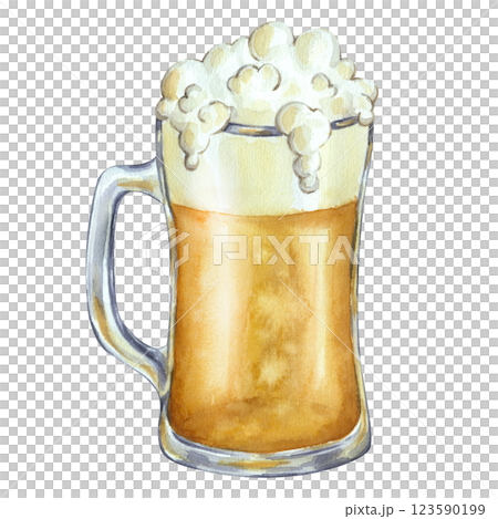 Glass mug with beer ale for Oktoberfest or Saint Patrick's Day. Hand drawn watercolor illustration isolated background. Happy March 17th. For Irish bar menu, postcard, logo, invitation 123590199