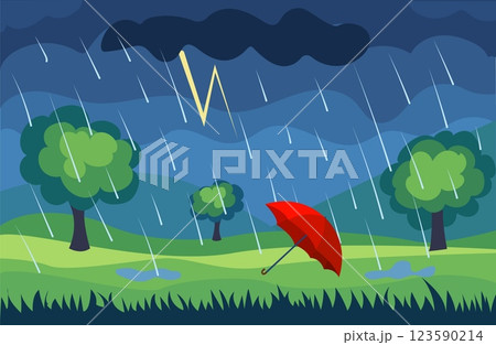 Vector illustration of a red umbrella in a stormy landscape with rain and lightning Vector illustration of a red umbrella in a stormy landscape with rain and lightning 123590214