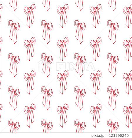 Red bows. Coquette core. Seamless pattern EPS vector hand drawn for cute core, girly, romantic, greeting, wedding design, textile, wrapping, fabric, wallpaper and scrapbooking paper. Outline sketch. 123590240
