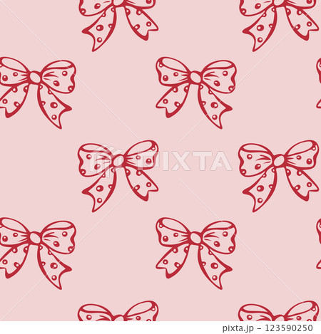 Red polka dot bows on pink background. Coquette core. Seamless pattern EPS vector hand drawn for textile, wrapping, fabric, cute core, girly, romantic, wedding design and scrapbooking. Outline sketch. Red polka dot bows on pink background. Coquette core. Seamless pattern EPS vector hand drawn for textile, wrapping, fabric, cute core, girly, romantic, wedding design and scrapbooking. Outline sketch. 123590250