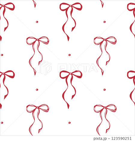 Red bows. Coquette core. Seamless pattern EPS vector hand drawn for cute core, girly, romantic, greeting, wedding design, textile, wrapping, fabric, wallpaper and scrapbooking paper. Outline sketch. 123590251