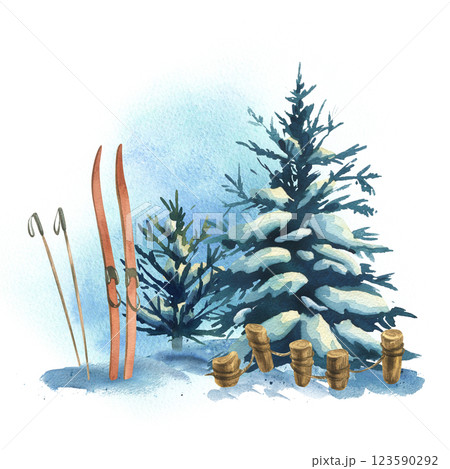 Winter landscape in the forest with skis, spruce trees with snow and snowdrifts, wooden fence. Watercolor hand drawn illustration. Composition simple scene of wild nature isolated from background 123590292