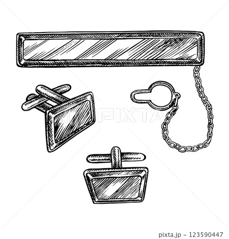 Tie clip and cufflinks. Hand-drawn vector illustration. Clip art of black and white images of men s accessories. Separate from the background. Perfect for banners, flyers, packages, invitations. 123590447