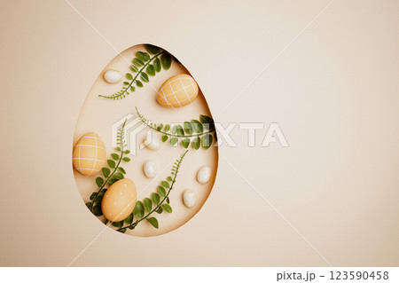 Top view pastel beige background with Easter decor Top view pastel beige background with Easter decor 123590458