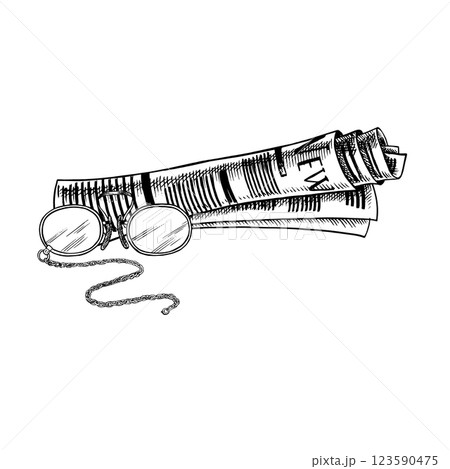 A roll of newspaper and vintage glasses. Hand-drawn vector illustration. Black and white image. Separate from the background. Ideal for posters, postcards and banners, flyers, packages and labels. 123590475