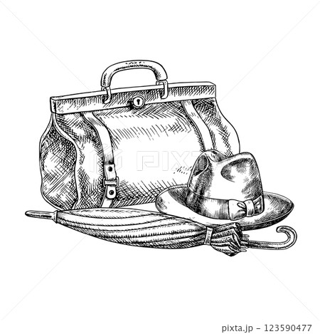 A man s hat, a travel bag and an umbrella-cane. Hand-drawn vector illustration. Black and white image on the theme of men and travel. For postcards, banners and flyers for All Men s Day, Father s Day. 123590477