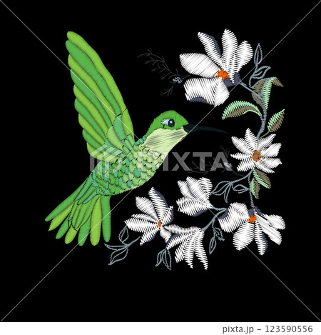 Embroidery with hummingbird and orchid flowers vector illustration. 123590556