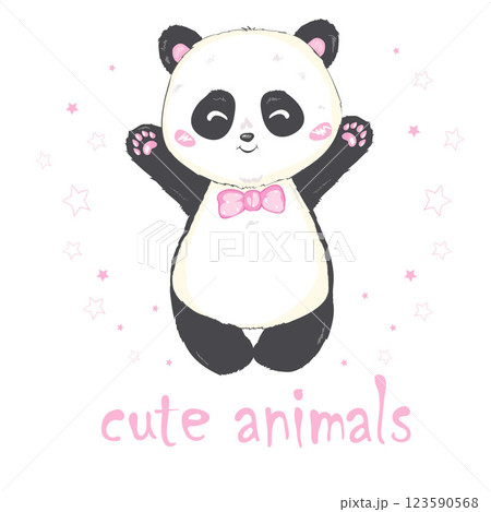 Vector Illustration: A cute cartoon giant panda is sitting on the ground, sticking tongue out, with a branch of bamboo leaves in hand Vector Illustration: A cute cartoon giant panda is sitting on the ground, sticking tongue out, with a branch of bamboo leaves in hand 123590568