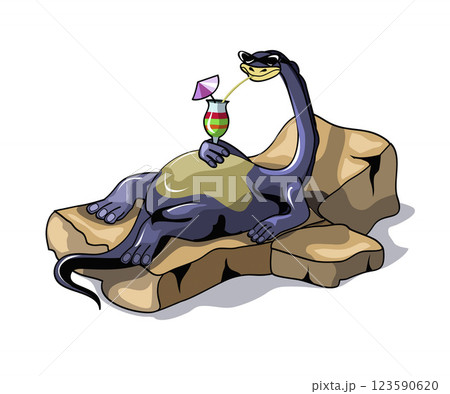 Illustration of a Brontosaurus sunbathing. 123590620