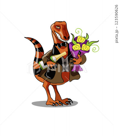 A cartoon raptor holding a bottle of sparkling wine and flowers. 123590626