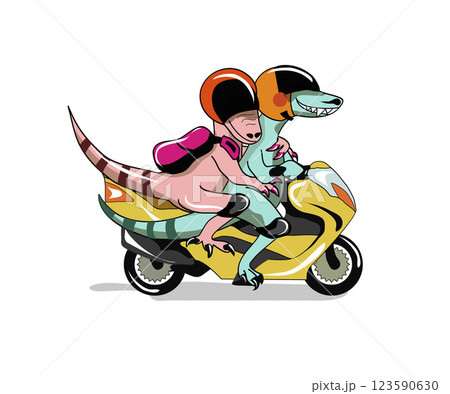 Two cartoon raptors riding a motor scooter. 123590630