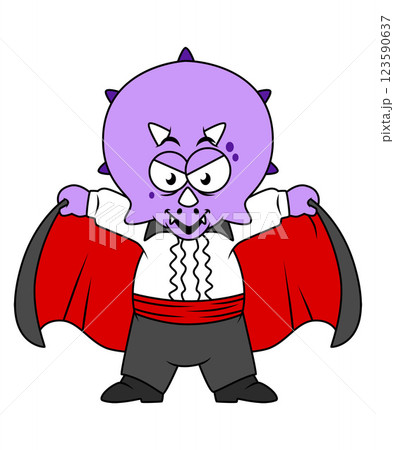 Cartoon illustration of a Ceratops dinosaur dressed up as Count Dracula. 123590637