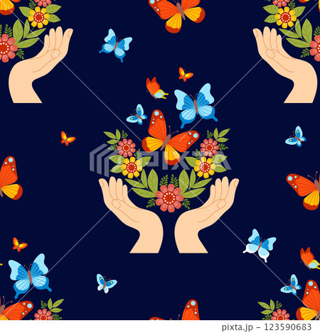 Seamless pattern nature and beauty. Palms of hands with flowers and leaves release colorful butterflies on blue background. Vector illustration flat style Seamless pattern nature and beauty. Palms of hands with flowers and leaves release colorful butterflies on blue background. Vector illustration flat style 123590683