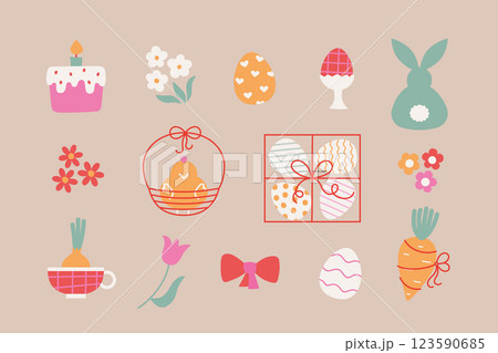Simple cute Easter eggs, chick, bunny, cake. Cartoon modern vector Easter illustrations for sticker, card, invitation, holiday merch. Simple cute Easter eggs, chick, bunny, cake. Cartoon modern vector Easter illustrations for sticker, card, invitation, holiday merch. 123590685