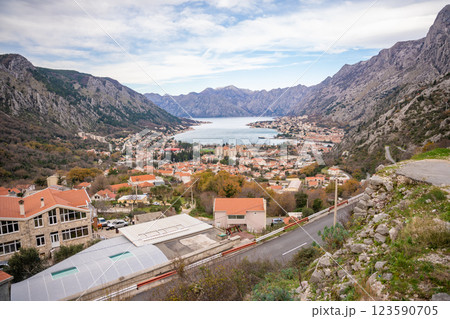 Panoramic view of Kotor town and Bay Boca from mountain view point in Montenegro in winter time 123590705