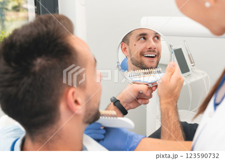Dentist examining a patient's teeth 123590732