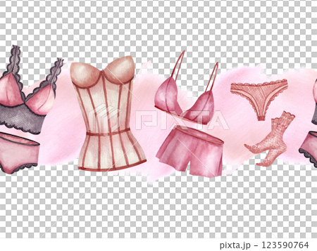 Lingerie seamless border. Banner with women corset, lace socks and panties, pink pajamas on watercolor spot. Illustration isolated from background. For web design in underwear store, print product Lingerie seamless border. Banner with women corset, lace socks and panties, pink pajamas on watercolor spot. Illustration isolated from background. For web design in underwear store, print product 123590764