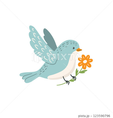 Cute cartoon bird carries a spring flower in its paws, flat vector illustration	 Cute cartoon bird carries a spring flower in its paws, flat vector illustration	 123590796