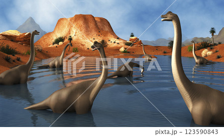 Brachiosaurus dinosaurs grazing in a prehistoric lake. 123590843