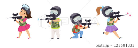 Little Boy and Girl Paintball Players Wearing Masks and Vests Aiming with Gun Vector Set Little Boy and Girl Paintball Players Wearing Masks and Vests Aiming with Gun Vector Set 123591333