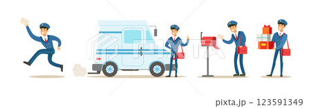 Man Postman in Blue Uniform Delivery Letter Envelope Vector Set Man Postman in Blue Uniform Delivery Letter Envelope Vector Set 123591349