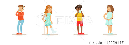 Sick Children Feeling Unwell Suffering and Needing Help Vector Set 123591374