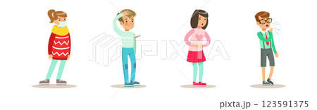Sick Children Feeling Unwell Suffering and Needing Help Vector Set 123591375
