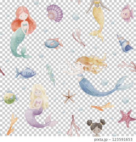 Seamless watercolor Pattern with Mermaids, corals, seashells, and underwater elements. Illustration of ornament for childish fabric or kids bed linen. Art for wrapping paper or baby textile. 123591653
