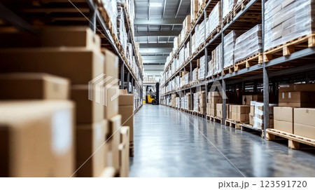 Boxes on shelves line a spacious factory aisle lit by overhead lights. Concept of industrial storage and logistics. Boxes on shelves line a spacious factory aisle lit by overhead lights. Concept of industrial storage and logistics. 123591720