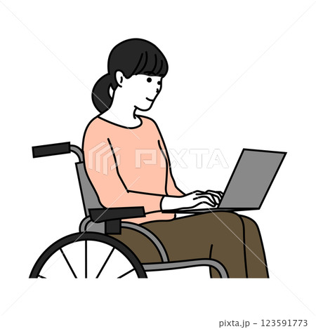 車いすに座ってパソコンを触る若い女性のイラスト 123591773