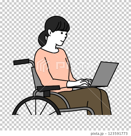 車いすに座ってパソコンを触る若い女性のイラスト 123591773