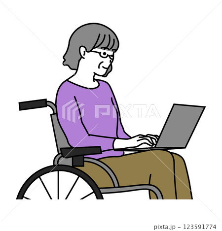 車いすに座ってパソコンを触るシニア女性のイラスト 123591774