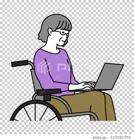 一位老年婦女坐在輪椅上使用電腦的插圖 123591774
