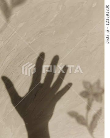 Silhouette of a hand in profile and a flower on a textured background. An artistic photograph with a shadow play effect, symbolizing reflection, nature and minimalist aesthetics. 123591830